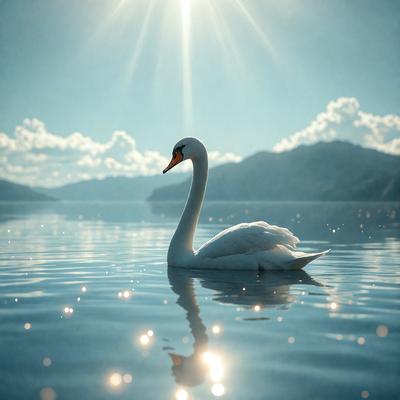 The primary subject of the image is a white swan floating on a body of water. The swan is the main focus of the image, and it appears to be enjoying its time in the water. The setting is a serene lake, with a mountainous background visible in the distance. The visual style of the image is a combination of photo and digital art, creating a realistic yet artistic representation of the swan in its natural habitat. The colors and mood of the image are predominantly blue and calm, reflecting